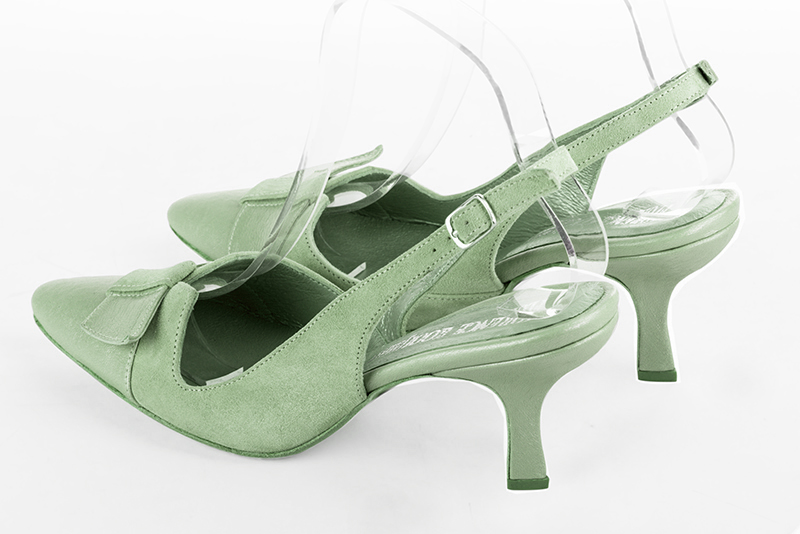 Mint green women's open back shoes, with a knot. Tapered toe. High spool heels. Rear view - Florence KOOIJMAN